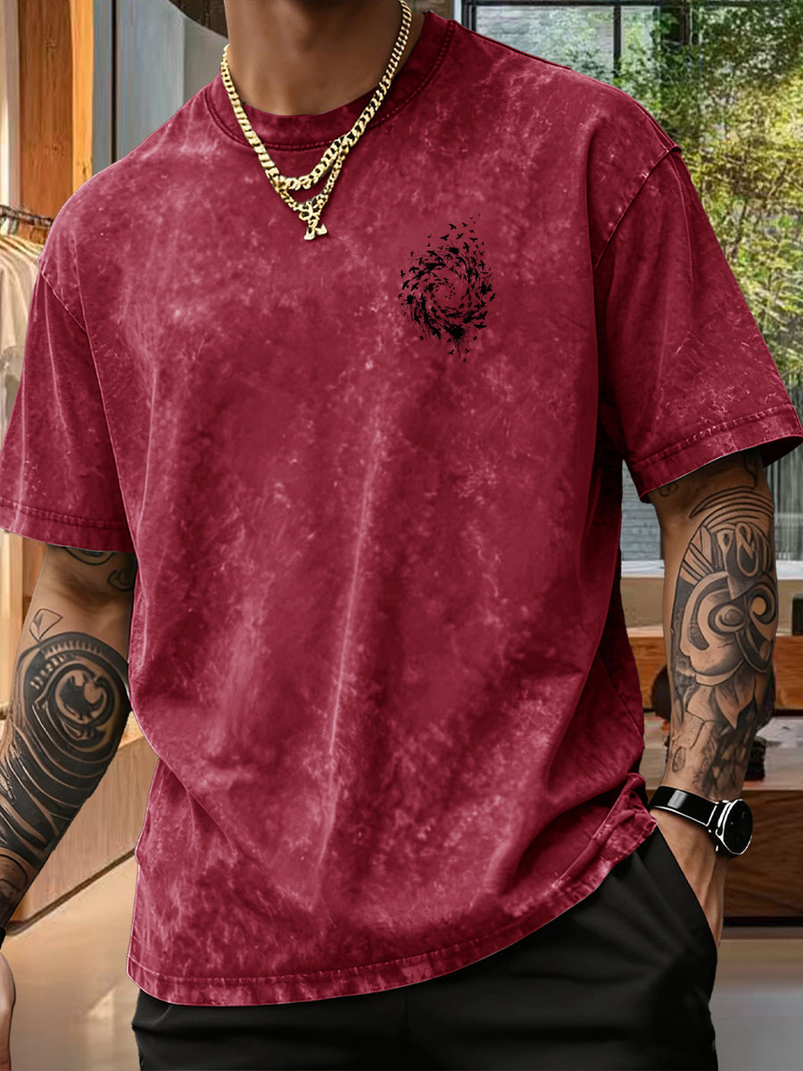 Men's Pure Short-Sleeve Top with Trendy Double-Sided Print of Flocks of Birds and Spiral Ink Splatter Design, 12 Colors for Mix-and-Match, Washed Distressed Loose Fit, National Trend Y2K Style for Commuting, Daily Outings, Sports - Burgundy
