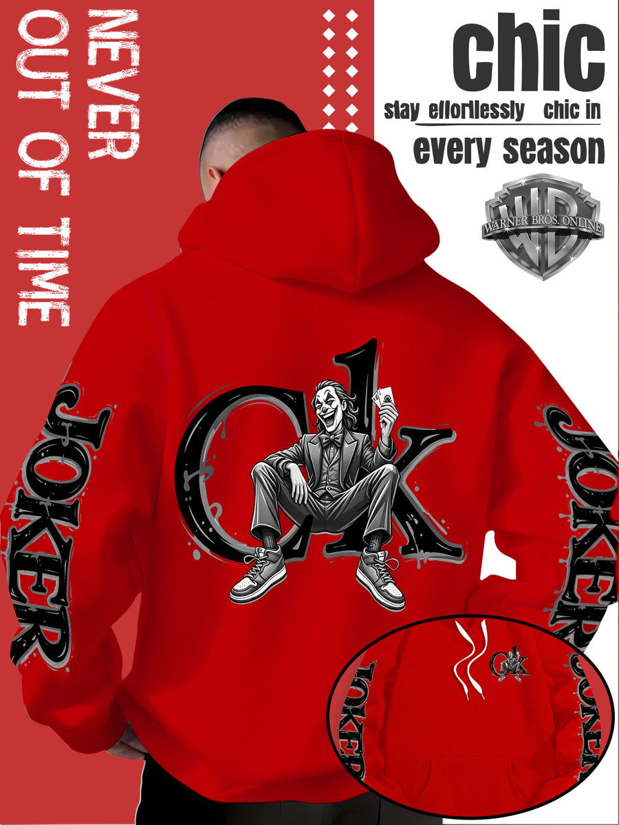 Men'S Hooded Sweatshirt, Western Trendy Cool Black And White Sketch Joker Theme Print, Sleeves with Same Series Splatter Art Lettering, Breathable And Skin-Friendly Fabric, Showcasing ' Fashion Sense, Ideal Gift for Holidays And Birthdays - Red