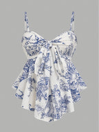 Elegant and Fashionable Women's French-style Bow-tie Waist-cinching Printed Camisole with a Front-long Back-short Ruffled Hem, a Gentle Commuting Top Suitable for Dates, Travel, Parties, and Gatherings - White