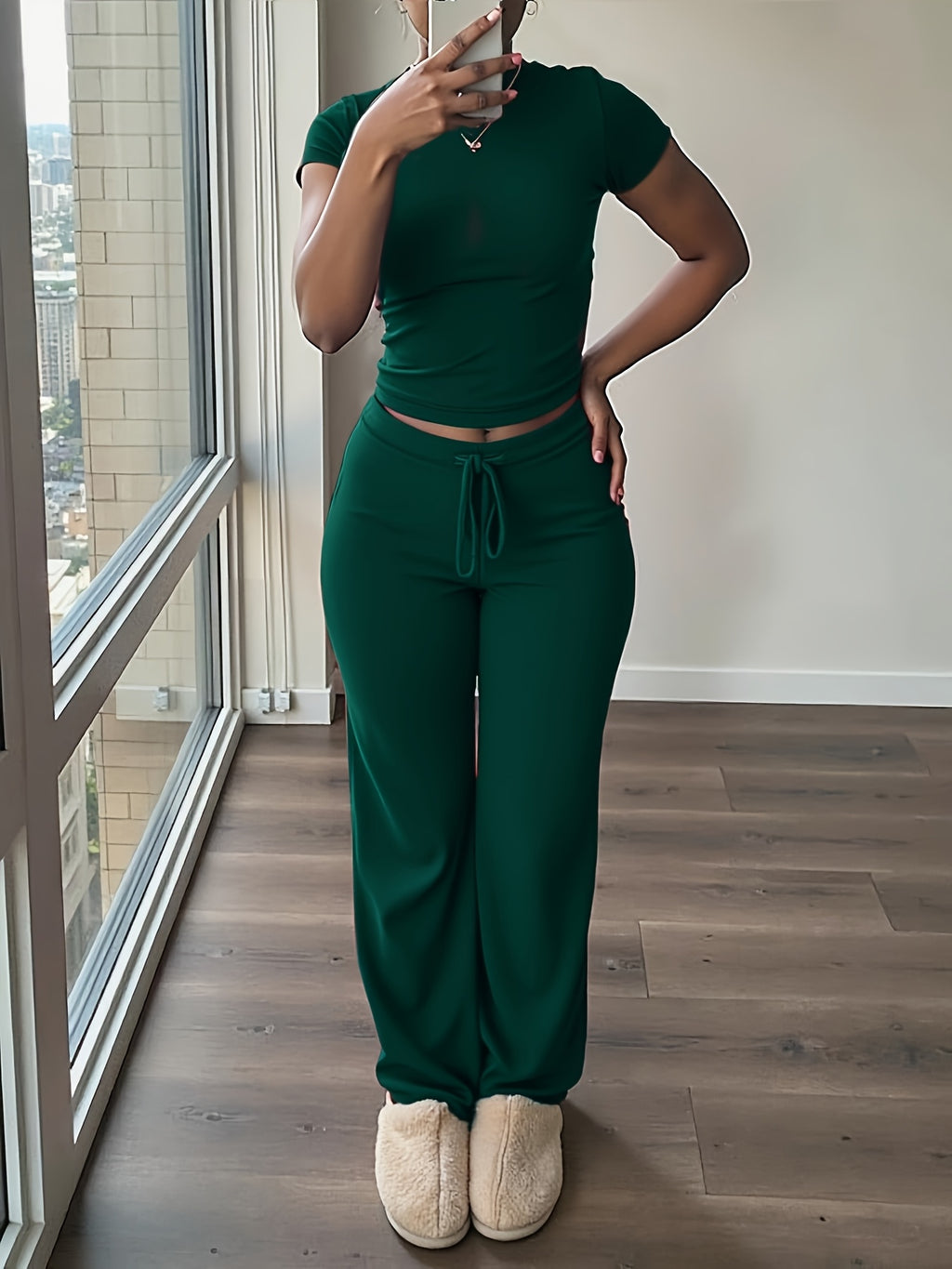 Women'S 2pcs Short Sleeve Top And Wide-Leg Pants Set, Fake Drawstring Waistband, Casual All-Season Outfit, Comfortable Home Wear, Daily Attire, Casual Style, Short Sleeve Top, Women'S Set, Women'S Clothing, Fashion Top, Autumn Women'S Wear - Dark Green