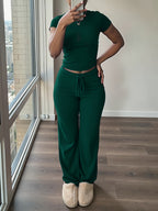 Women'S 2pcs Short Sleeve Top And Wide-Leg Pants Set, Fake Drawstring Waistband, Casual All-Season Outfit, Comfortable Home Wear, Daily Attire, Casual Style, Short Sleeve Top, Women'S Set, Women'S Clothing, Fashion Top, Autumn Women'S Wear - Dark Green