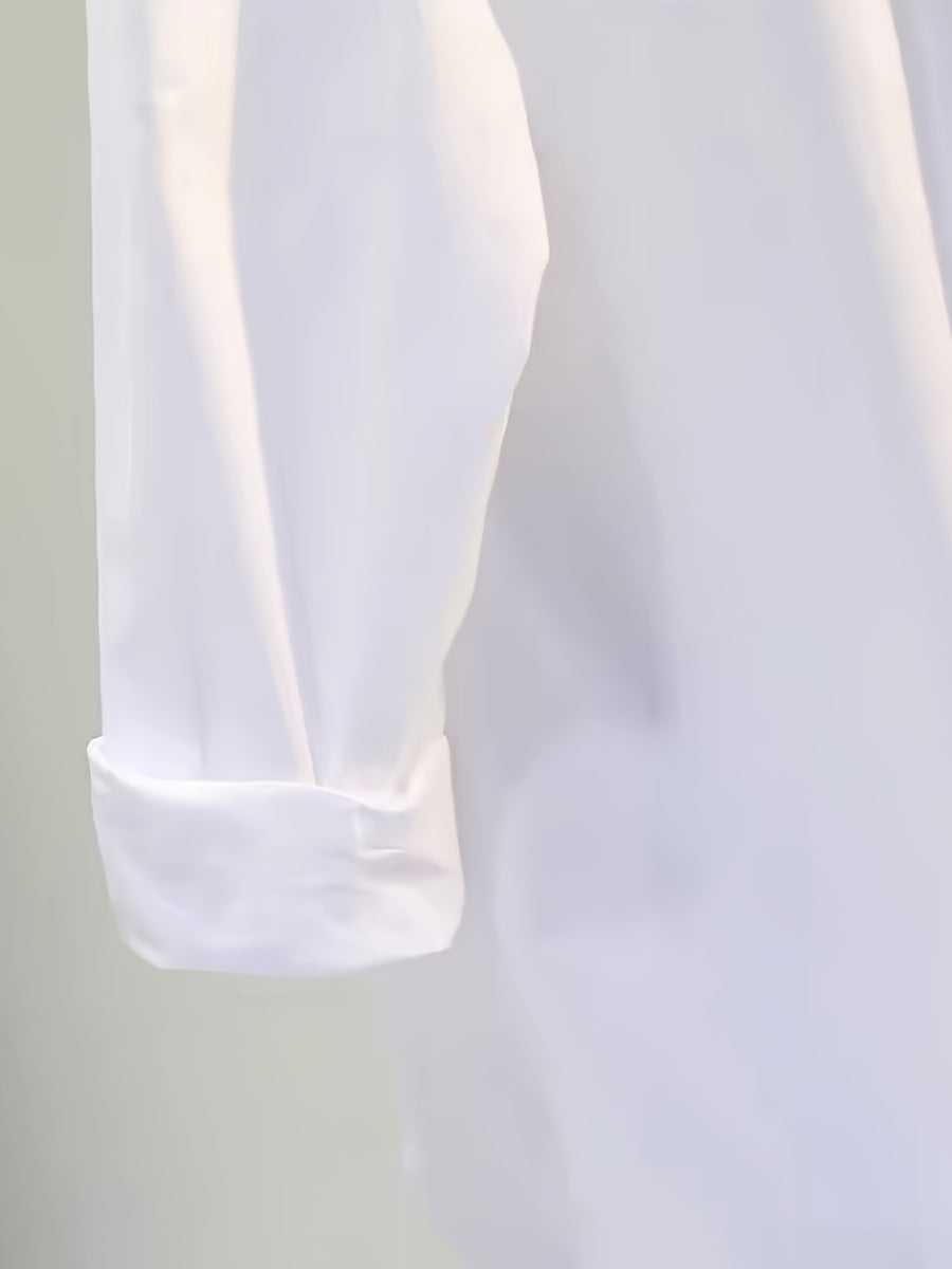 Women's Simple and Elegant Shirt Jacket, New Spring/Summer Style, Front Short Back Long, Versatile Loose Fit Casual Long Sleeve Top - White