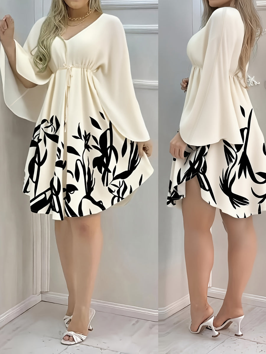 Spring And Summer New Women'S Hot Style Floral Print Tie-Up Vacation Casual Elegant Stylish V-Neck Dress - Beige