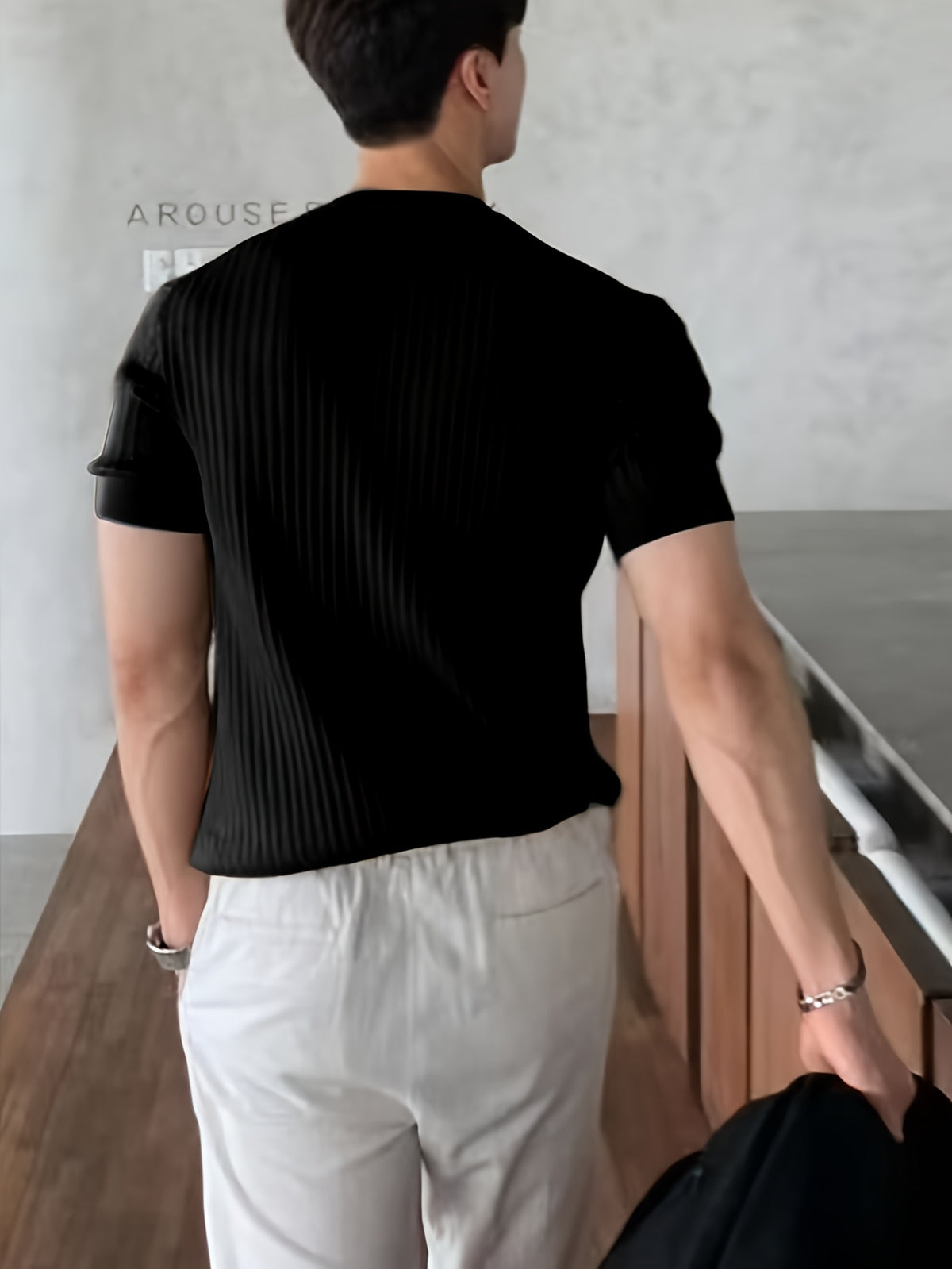 -Border New Men'S Small Pothole Striped Short-Sleeve Knit Sweater - Black