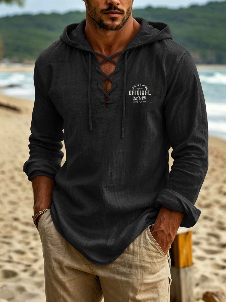 Men'S Linen Hooded Long Sleeve Top, Individual Cross-Lacing Placket Design, Left Chest ORIGINAL Print, Easy And Durable Look, Coordinated And Atmospheric Overall Style, Suitable for Coastal Wandering, Outdoor Activities, And Various Casual Outfits - Black