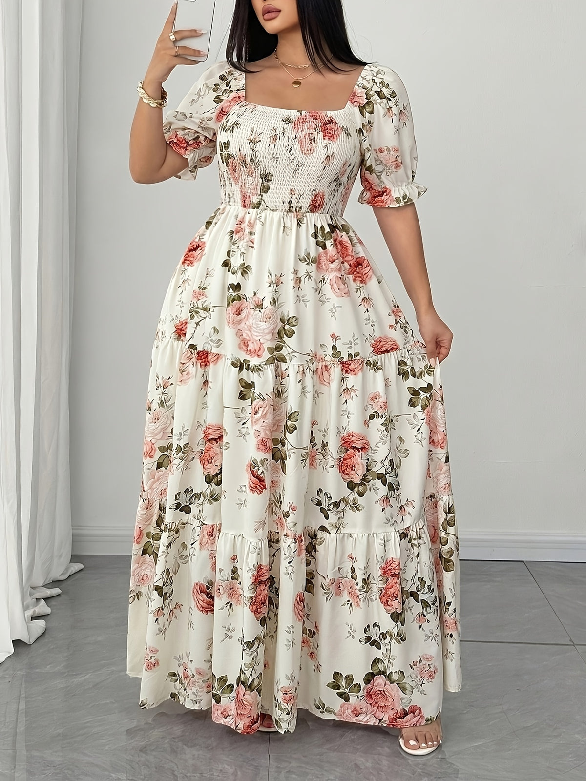 Plus Size, Elegant Women's Floral Print Dress with Ruched Detailing - White