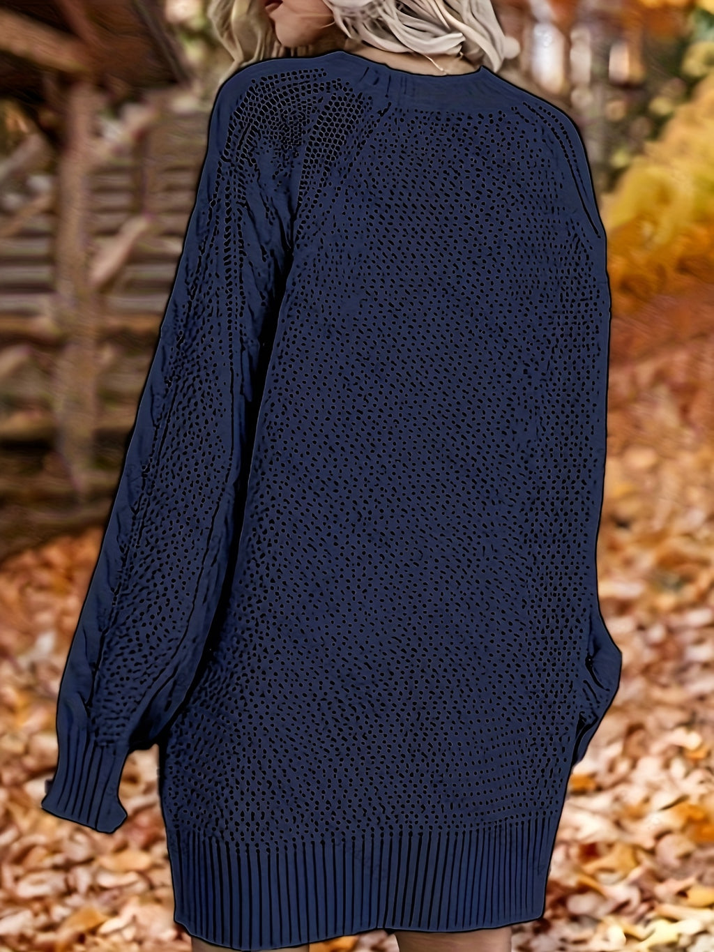Women's Sweater Dress, Women's Long Sleeve Crew Neck Textured Knitted Dresss - Navy Color