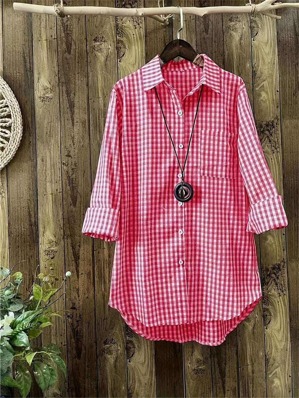 Women'S Autumn Casual Vintage Commute Long Sleeve Checkered Striped Shirt - Red