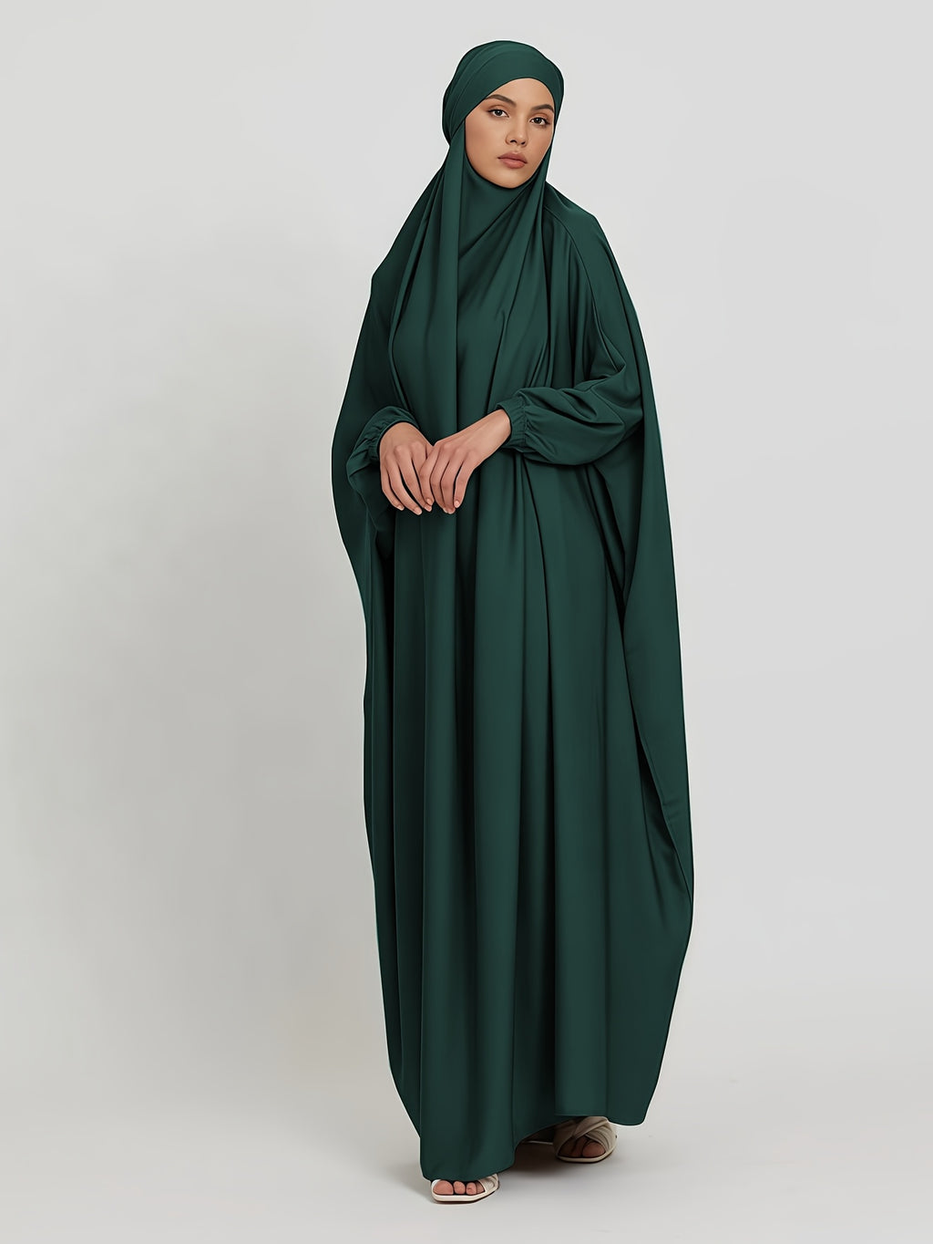 1pc Jilbab, 1pc Khimar with a Rich Drape, Cuffed Sleeves, and a Loose Fit, Suitable for Busy Daily Wear or Worship - Dark Green