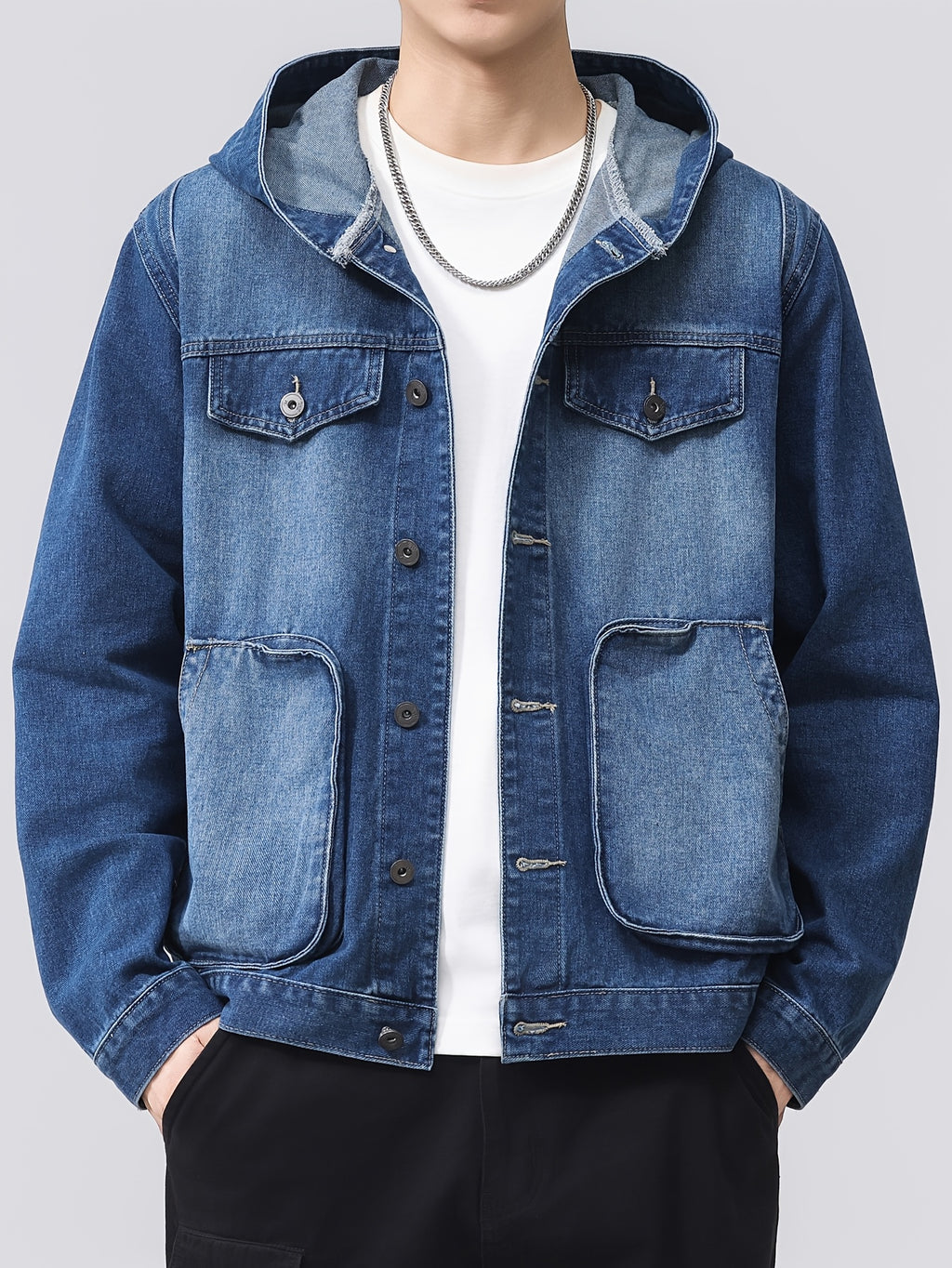 Spring Autumn Thick Men'S Denim Jacket Blue Long Sleeve Hooded Button Fashion Trendy Men'S Clothing Trucker Driver Casual Jacket Top Street Style - Blue