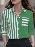 Fashion Women'S Clothing, Striped Lapel Shirt, Women'S Long Sleeve Striped Pocket Commuter Temperament Top - Green