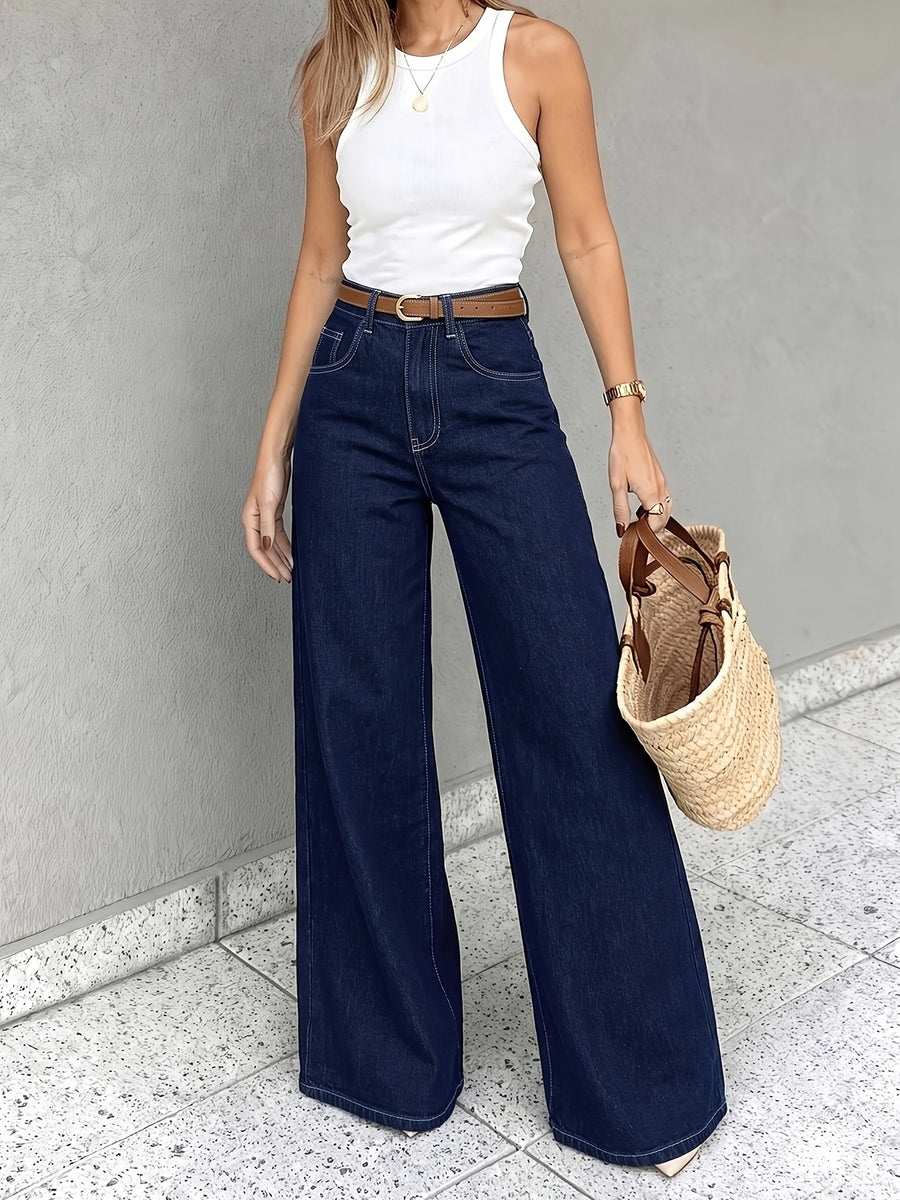 Women'S Stretch Dark Blue/Denim Jeans, High-Waist Relaxed Wide-Leg Jeans, Elegant And Temperament-Enhancing Essential for Outings, Summer Travel - Deep Blue