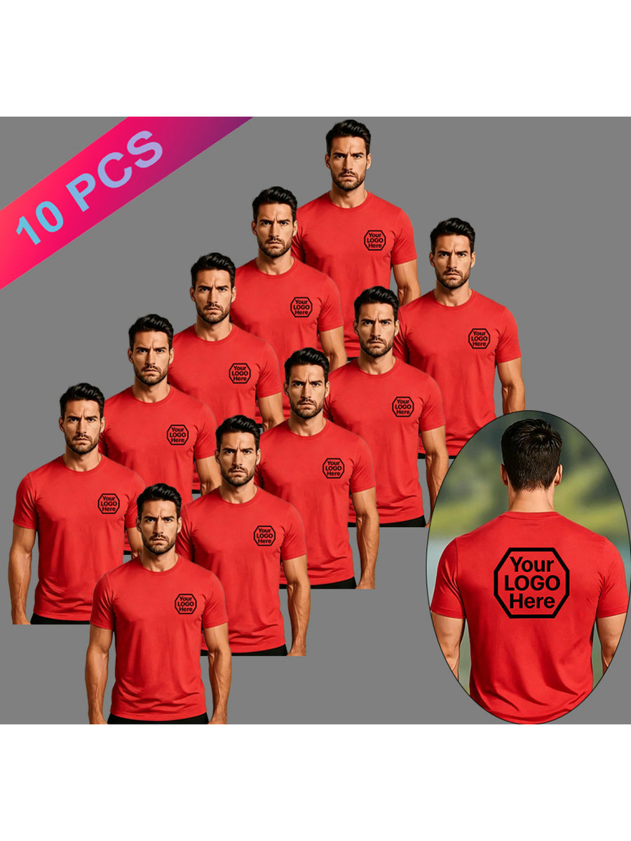 Custom Logo Printing Custom Cultural Shirt Commemorative Shirt, Men'S Fashion Casual Quick-Dry T-Shirt Short Sleeve Four Seasons Base Shirt Ten-Piece Set, Front And Rear Point Custom Printing Left Chest Small Printing Back Large Printing - Red