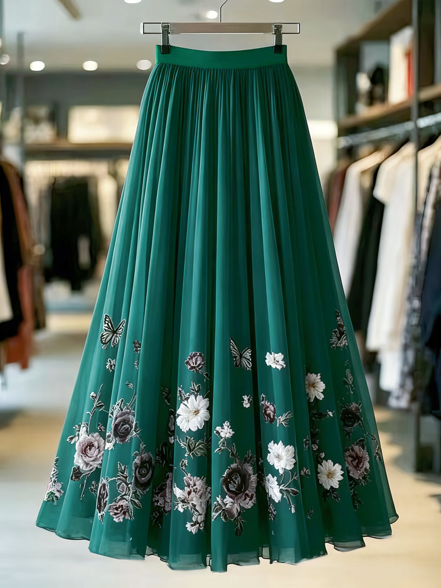 Spring and Autumn Women's Elegant Printed Midi A-Line Chiffon Skirt, Vacation Wear, Party Banquet Wear, Birthday Wear, Wedding Guest Wear, Easter Wear, Carnival Wear, Christmas Wear, Valentine's Day Wear, Holiday Wear, Suitable for Street Outings - Dark Green