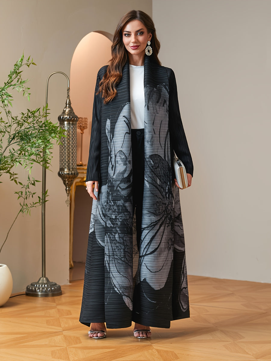 Women Modest Black Grey Floral Print Pleated Abaya Open Front Long Cardigan with Belt Dubai Arab Kimono Duster Coat High Quality Plisse Loose Robe Outerwear Banquet Party Evening Wear - Black