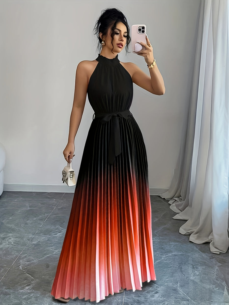 Elegant Romantic Ruffled Neckline And Waist Tie A-Line Pleated Gradient Maxi Dress - Gradient Orange
