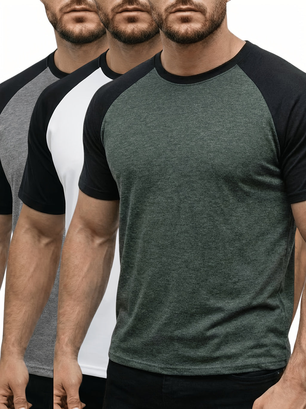 3pcs Raglan Colorblock Crew Neck Short Sleeve Base Layer Tops, Stretch Fabric, Men's European and American Style Summer Soft Fabric T-Shirt, Home Wear, Men's Casual Top, Inner Layer, Multi-Scene, Suitable for Various Style Combinations - Army Green + White + Gray