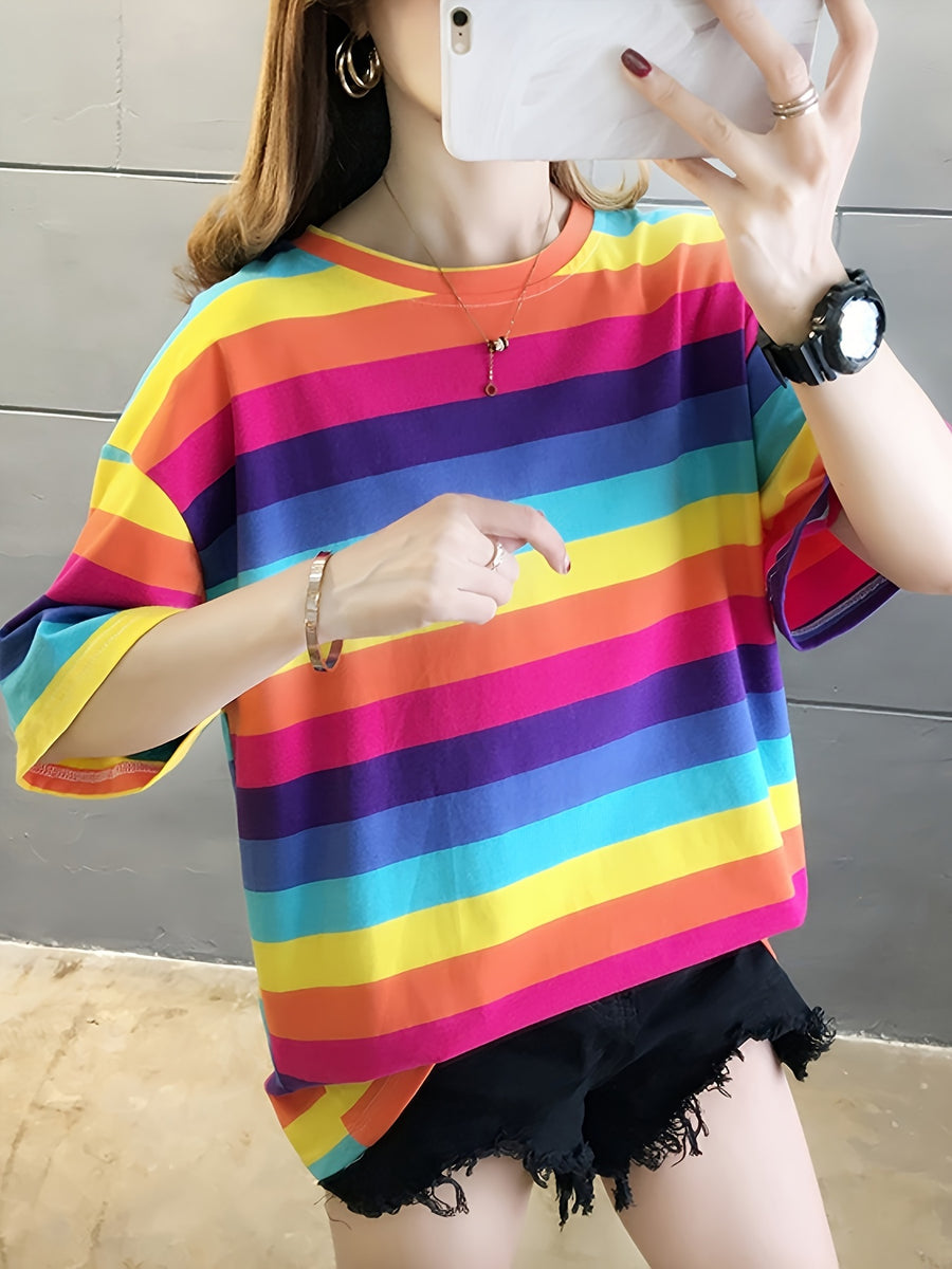 Women's Plus Size Loose Fit Cartoon Print T-Shirt - Pastel Color Block Short Sleeve Round Neck Top, Breathable Medium Stretch Fabric, Long Length Casual Summer Spring Fall Machine Washable, Ladies T Shirts, Trendy Streetwear, Relaxed Fit Tee - 2010-R