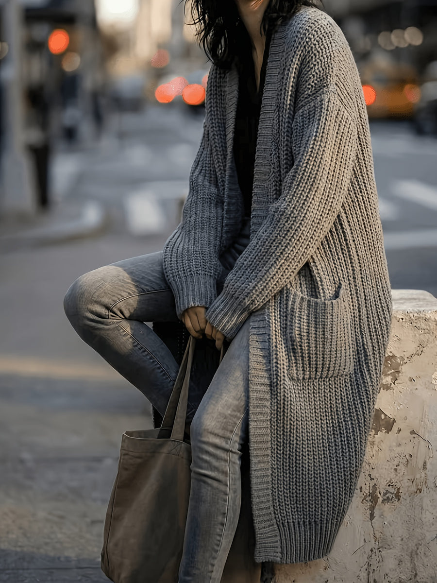 Women'S Solid Color Cardigan Sweater, Casual Long Sleeve Open Front Cardigan - Grey