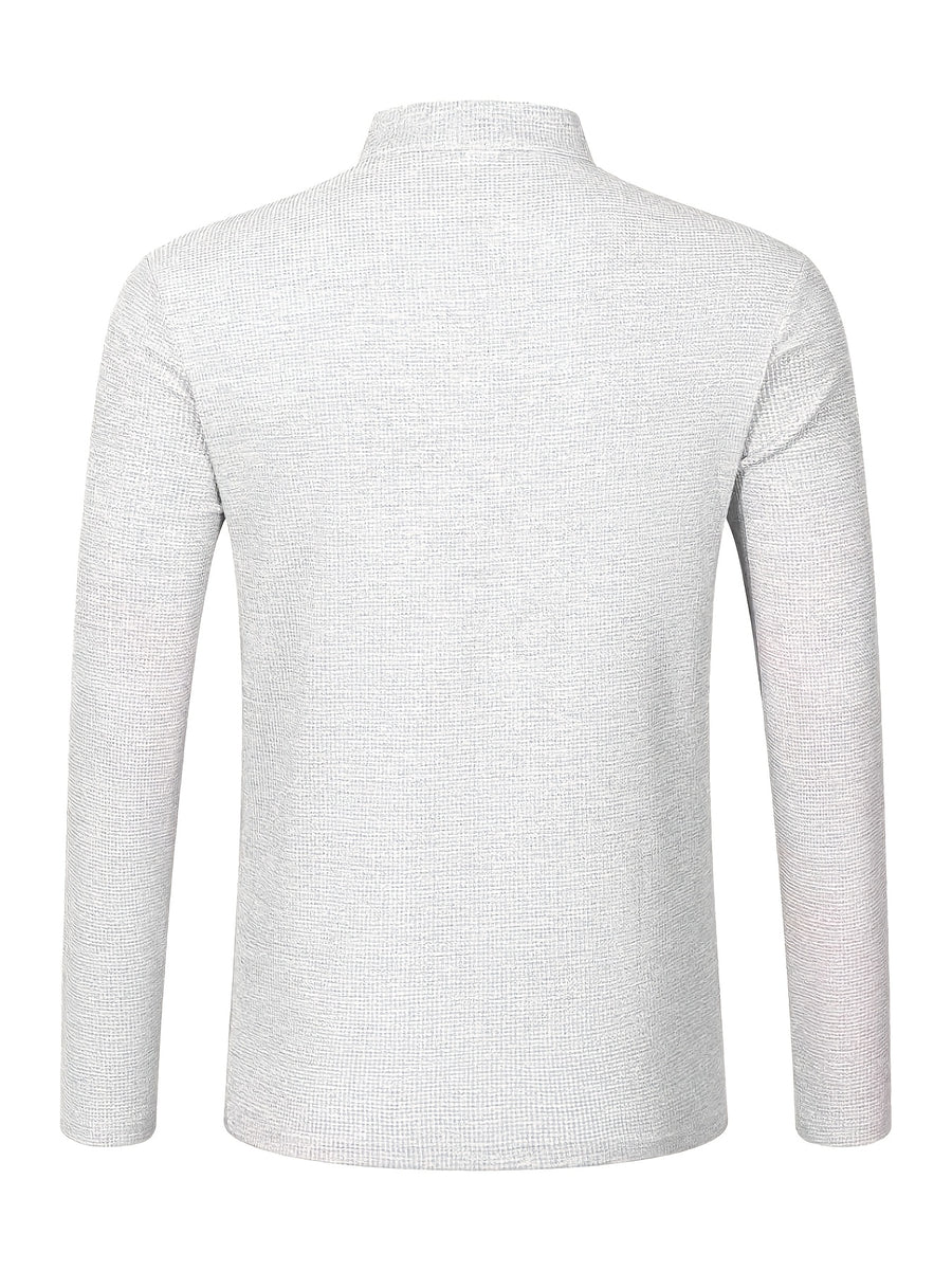 Maqiqi OBM Men's Fashion Waffle Knit Long Sleeve Henley Shirt, Stand Collar Button-Up Top with Chest Pocket and Positioned Printed LOGO, Casual Regular Fit Solid Color Spring/Autumn Daily Top - White