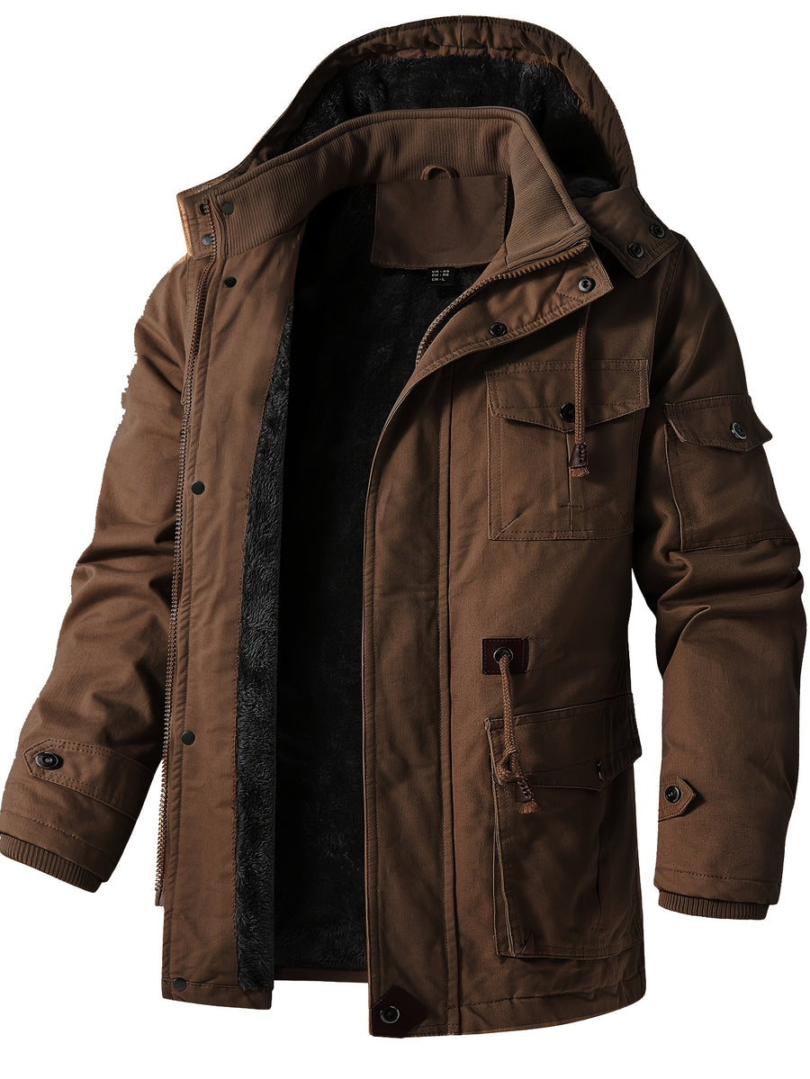 Men'S Fleece-Lined Thickened Jacket, Multi-Pocket Design, 100% Casual Outdoor Coat, Stand-Up Collar And Button Closure, Suitable for Autumn And Winter - Coffee Color