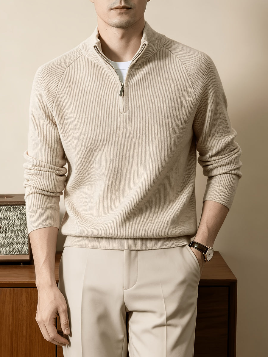 Du Jing Lan OBM Spring/Autumn New Arrival Men's Knitted Pullover, Old Money Style Solid Color Half-Open Placket Stand Collar Long Sleeve Knitted Pullover, Men's Business Casual Fashion Ribbed Sweater, Suitable for Layering or Wearing as an Inner - Beige Color