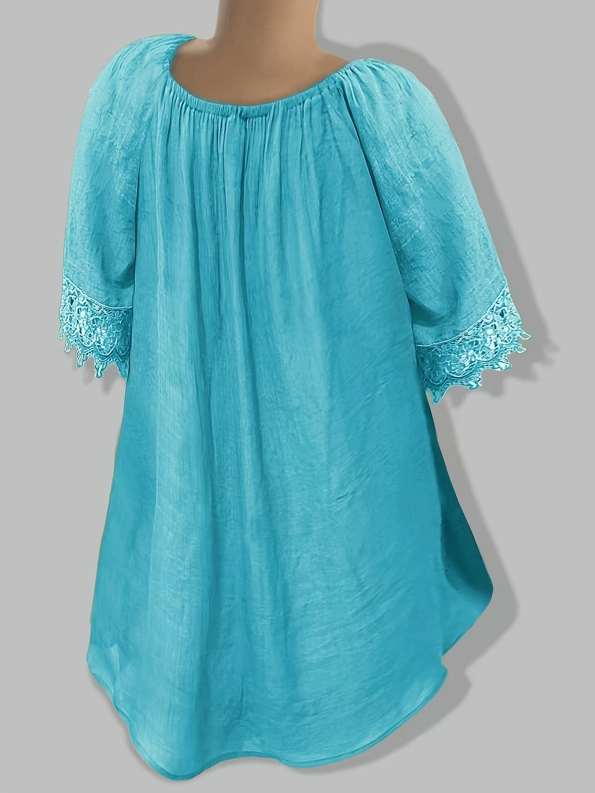 Bohemian Style V-Neck Lace Blouse with Drawstring, Loose Flared Sleeve Breathable Top - Peacock Blue
