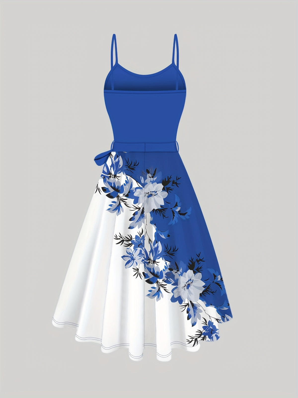 Women's Suit Blue Cardigan Jacket and Flower Print Contrasting Color Suspender Dress with Lace-up 2pcs Set Temperament Daily Party Ladies' Clothing - Blue