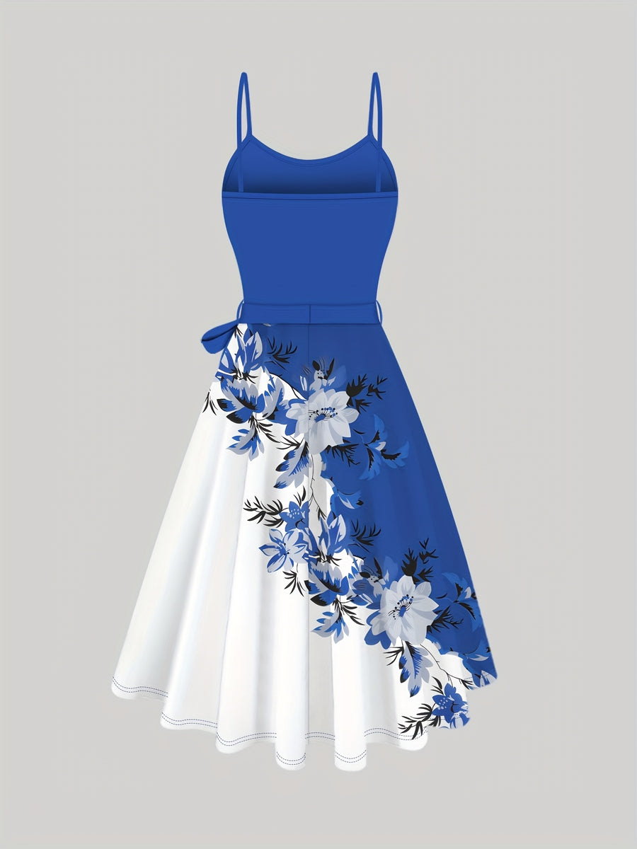 Women's Suit Blue Cardigan Jacket and Flower Print Contrasting Color Suspender Dress with Lace-up 2pcs Set Temperament Daily Party Ladies' Clothing - Blue