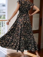Gavin Women's Elegant V-Neck Floral Print Long Dress - Black