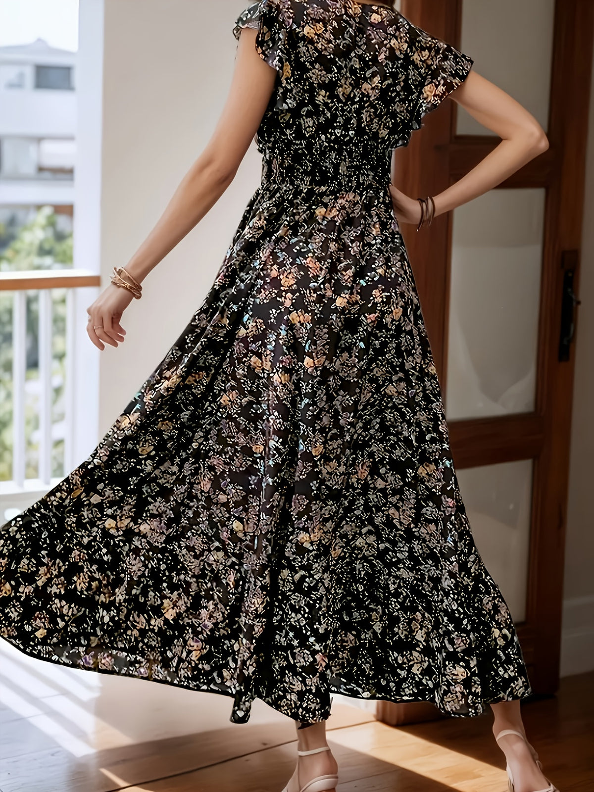 Gavin Women's Elegant V-Neck Floral Print Long Dress - Black