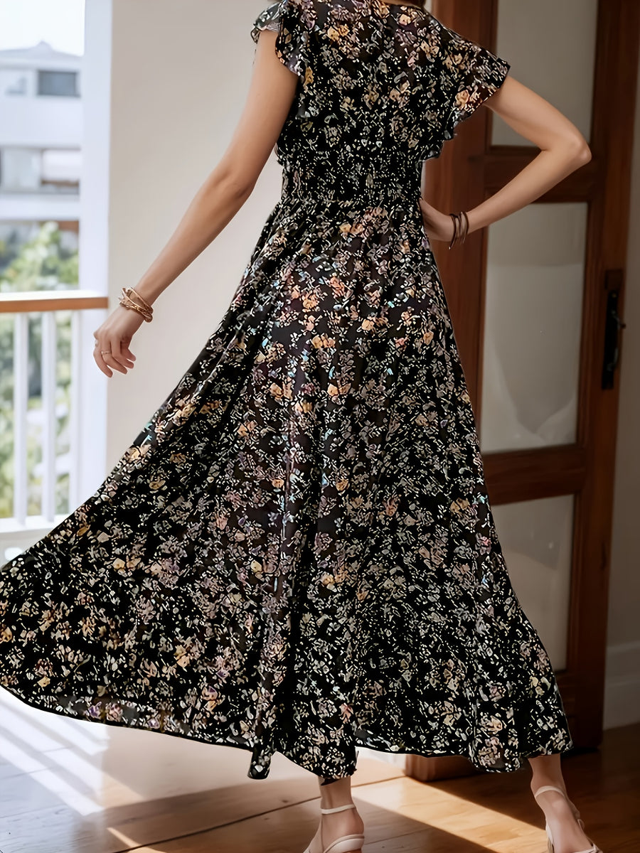Gavin Women's Elegant V-Neck Floral Print Long Dress - Black