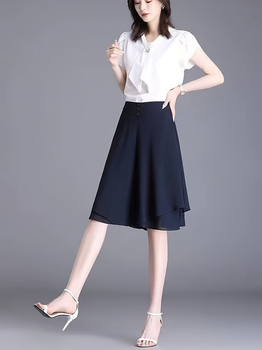 High-Waisted Chiffon 7/8 Wide-Leg Culottes, Loose And Irregular Casual Pants Skirt for Summer - Black