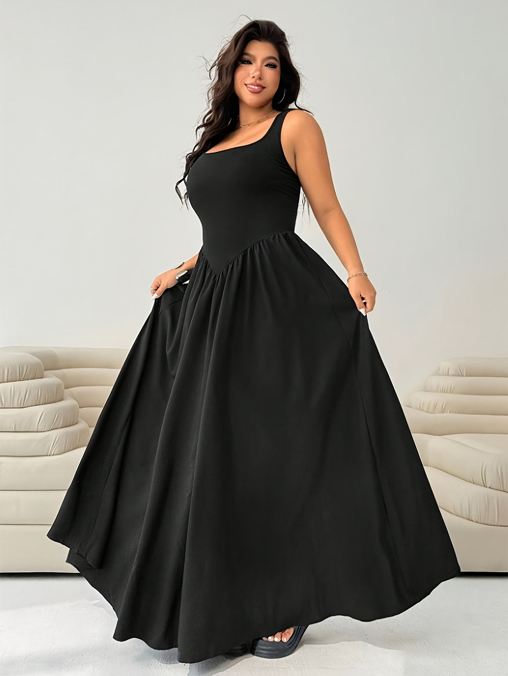 Women's Fashion Dress, Fitted at the Top and Loose at the Bottom, with an Ultra-loose Skirt, Oversized Hem, Sleeveless Long Dress, Stylish and Elegant, High-end and Sophisticated, Suitable for Daily Casual Wear, Parties, Gatherings, and Travel - Black