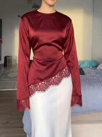 Women'S Elegant Commute Satin Blouse, Lace Panel Round Neck Long Sleeve Tie Waist Top, Solid Fabric Lace Panel Asymmetrical/Asymmetrical Design, Suitable for Elegant Office Daily Dates - Burgundy