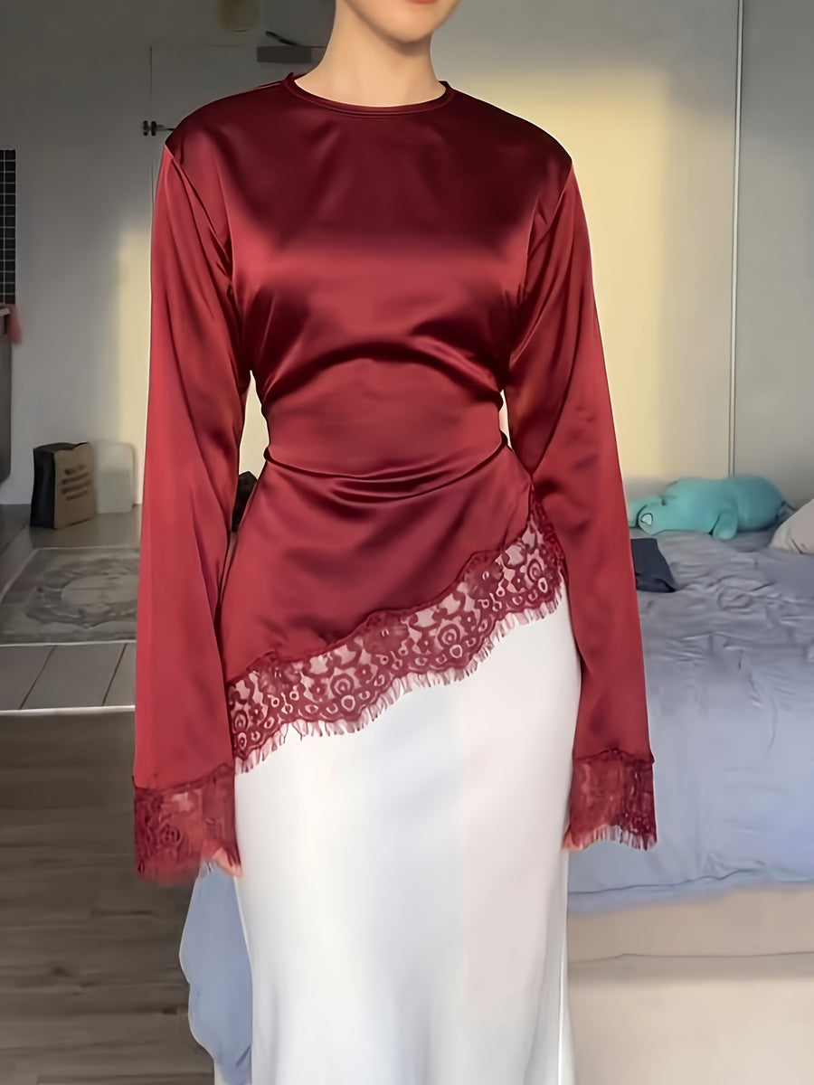 Women'S Elegant Commute Satin Blouse, Lace Panel Round Neck Long Sleeve Tie Waist Top, Solid Fabric Lace Panel Asymmetrical/Asymmetrical Design, Suitable for Elegant Office Daily Dates - Burgundy
