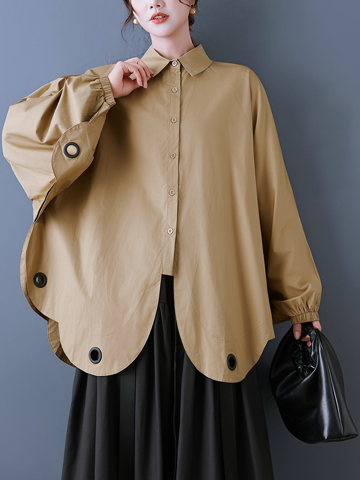 Women's Autumn Loose Fit Irregular Hem Batwing Shirt with Unique Design, Casual and Figure-Flattering Top - Khaki