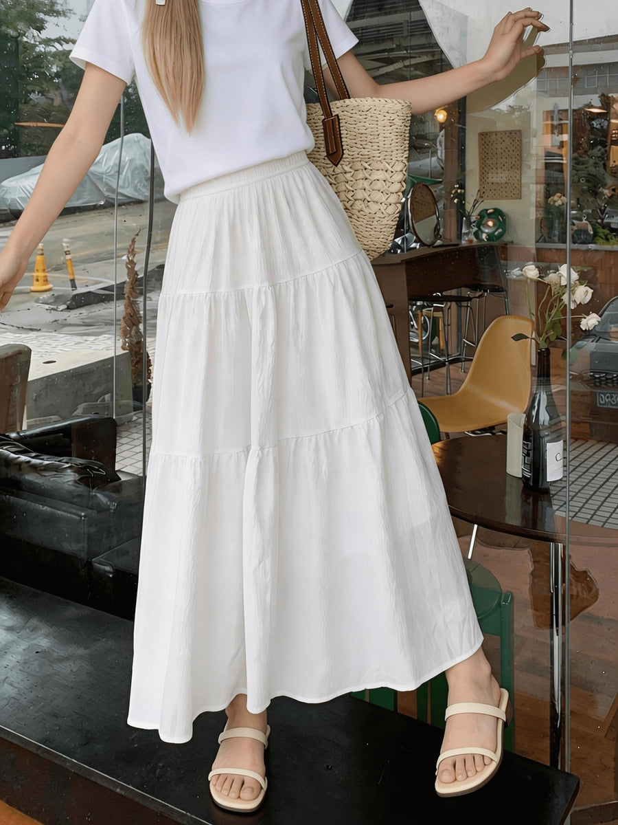 A-Line Umbrella Sweet Spring And Autumn Women'S High-Waisted Long Skirt with Elastic Waistband, Long Skirt with Lining, Beach Party Long Skirt - White
