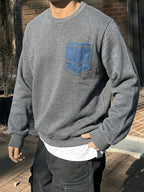 Black Crew Neck Sweatshirt with Faux Denim Patch Pockets, Perfect for Casual Everyday Wear - Dark Gray