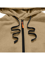 Men'S Long Hooded Trench Coat with Full Zipper, Featuring NORWAY Themed Letters, Mountain And Flag Prints, Side Arm Zip Pockets, And a Leather Label at The Hem - Khaki