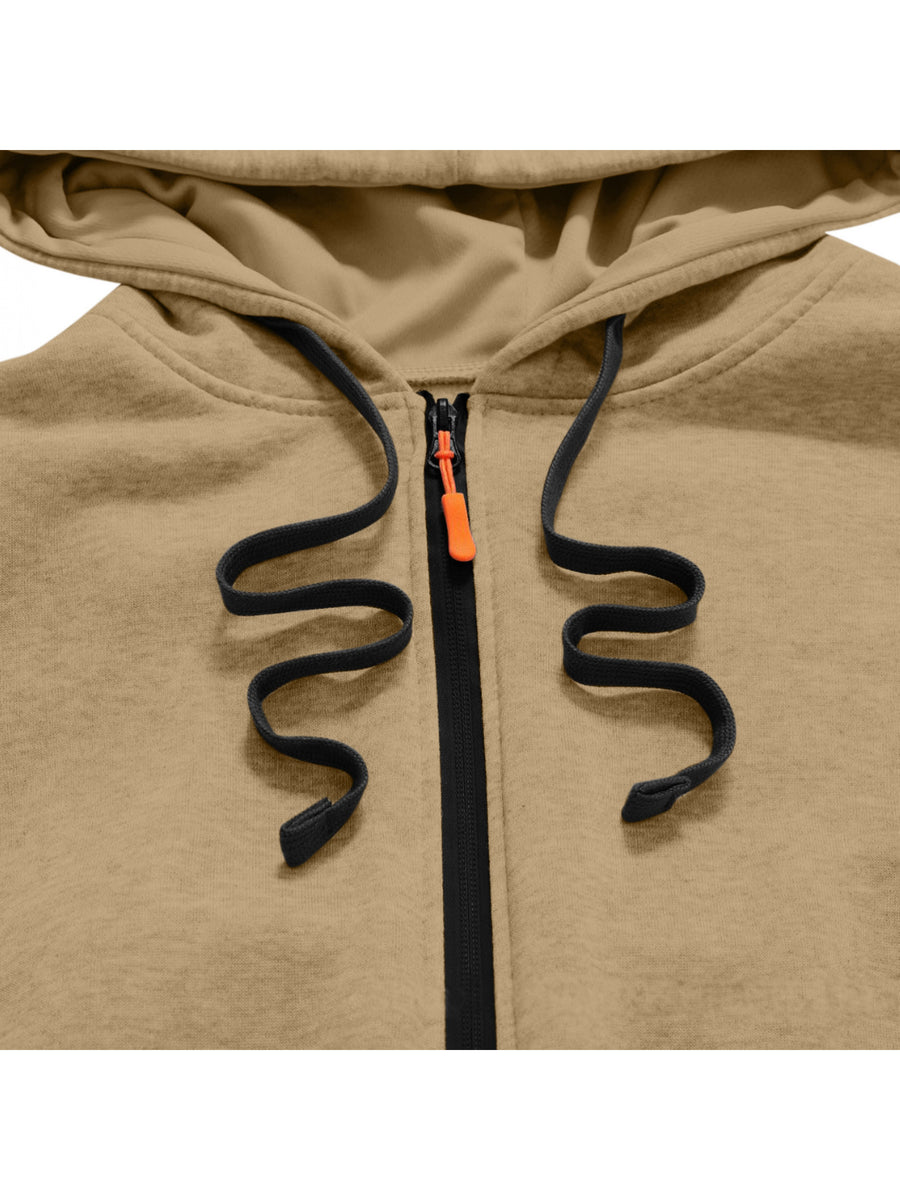 Men'S Long Hooded Trench Coat with Full Zipper, Featuring NORWAY Themed Letters, Mountain And Flag Prints, Side Arm Zip Pockets, And a Leather Label at The Hem - Khaki