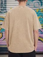 Relaxed Fit Distressed T-Shirt - Made from 100%, Heavyweight Vintage Washed Tee, Unisex Premium Quality Shirt - Khaki