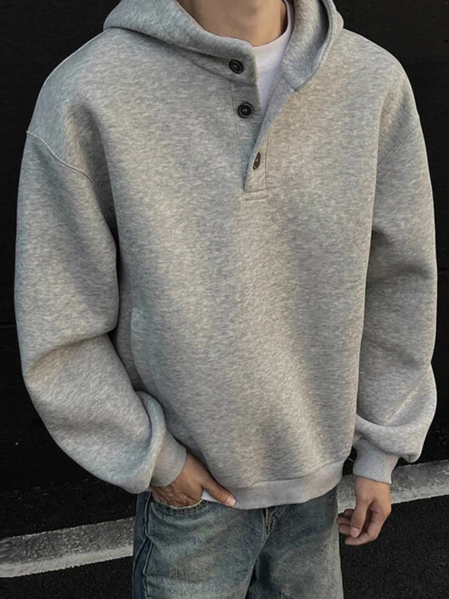 2026 New Arrival Unisex Henley Collar Hoodie Oversized Loose Fit Casual Lazy Street Style Long Sleeve Pullover Tops Men Women Suitable Daily Wear Outdoor Hangout Leisure Activities Sizes Range - Grey
