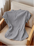 Women's Ruffle Collar Short Sleeve Single-Breasted Striped Shirt, Summer - Black