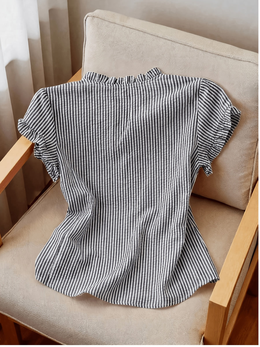Women's Ruffle Collar Short Sleeve Single-Breasted Striped Shirt, Summer - Black