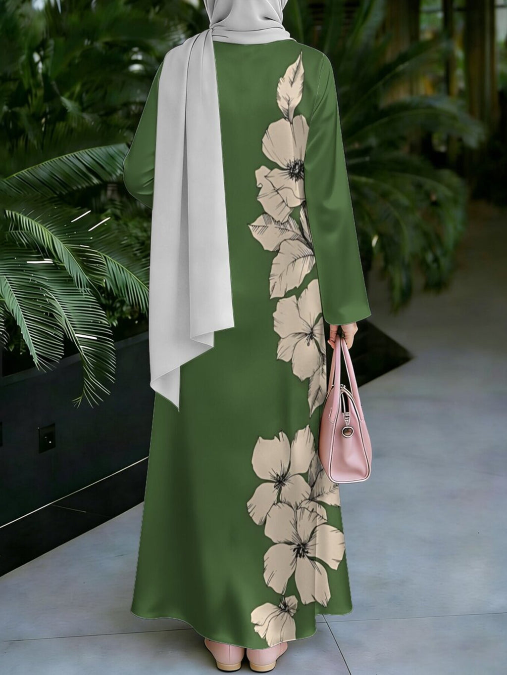 Women'S Hot Middle Eastern Style Muslim Elegant Robe, Army Green Side-Seam Light Floral Printed Robe, Loose Long Sleeve Flowing Cut, for Prayer, Outings, And Banquets, Lightweight And Breathable Non- Craft - Mixed colors