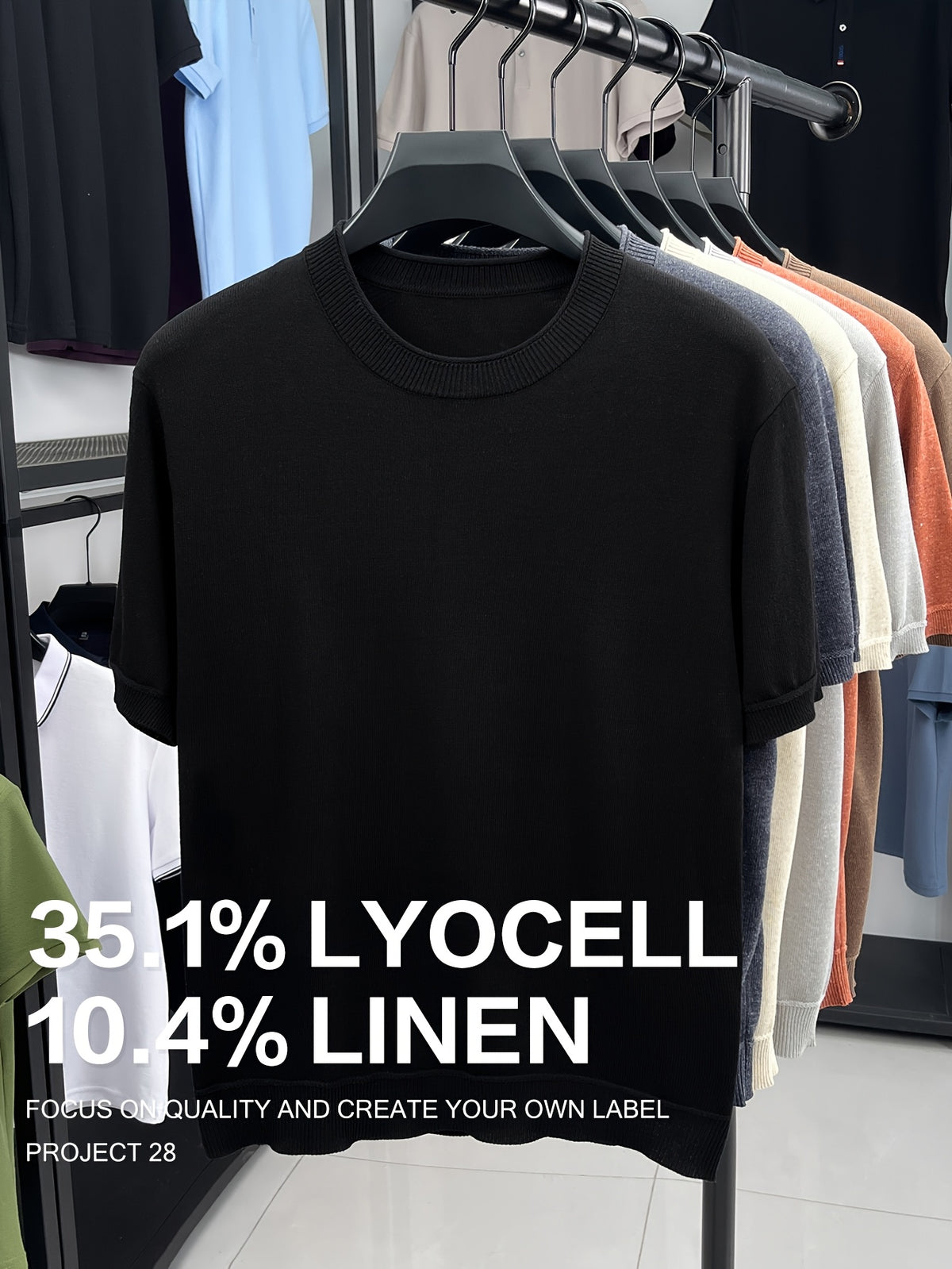 35.1% Lyocell And 10.4% Linen High-Quality Light Luxury Men'S Short Sleeve Round Neck Pullover Knit T-Shirt Fashion Casual Suitable for Outdoor Sports Golf Base Layer Floral Yarn Knit Fabric Collar Rolled Edge Craft Easy Commute Light Business Style - Extra Black