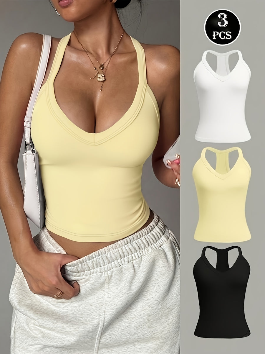 3pcs/set Y-back Cropped Tank Top, V-neck Sleeveless Slim-fit Basic T-shirt, Suitable for Daily and Casual Wear, Yoga, Running, Fitness, Stretchy Athletic Workout Tank Top, Breathable - White+yellow+black