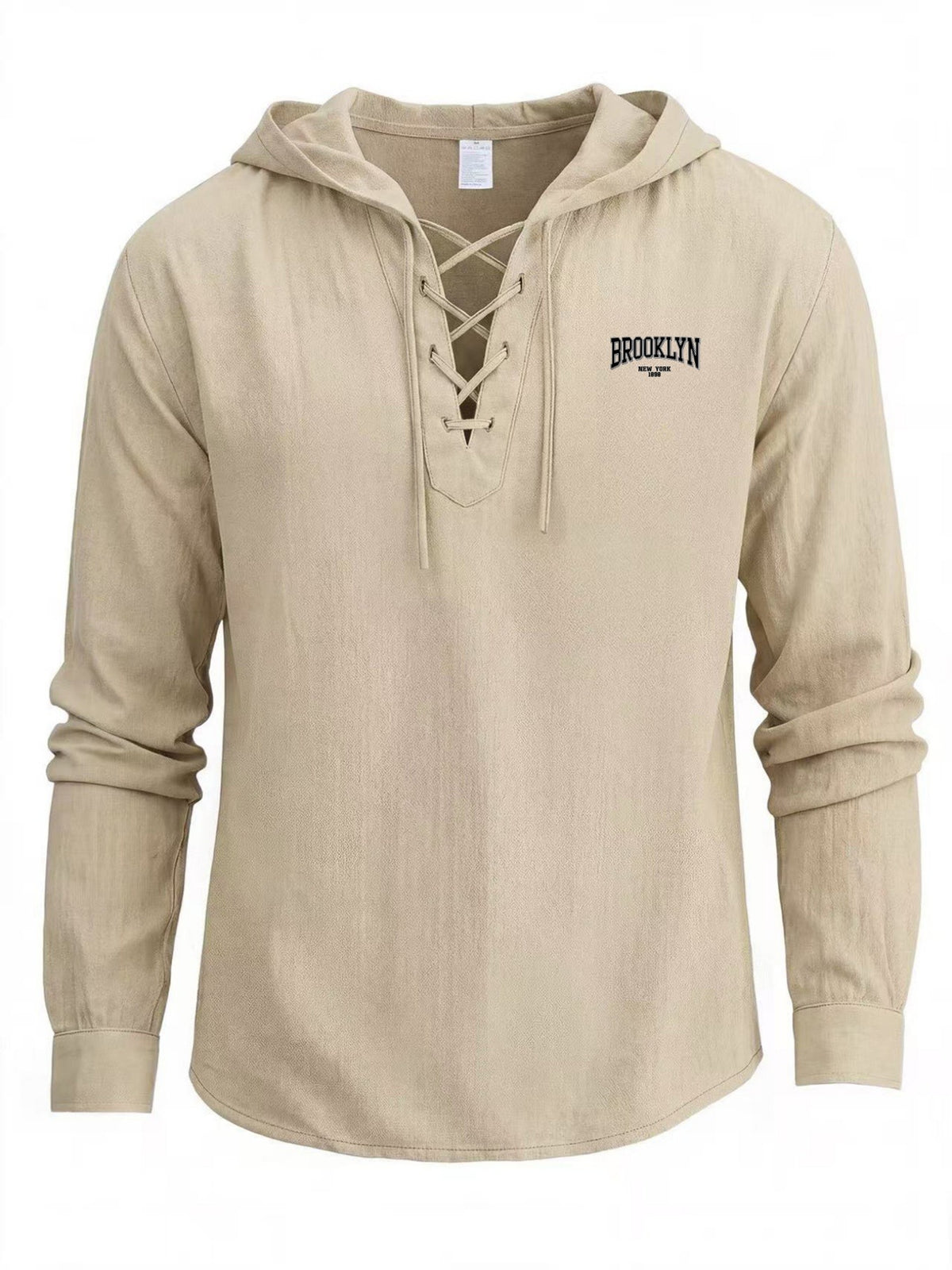 Men's Trendy Lace-up Hooded Top with a V-neck That Creates a Three-dimensional Layered Look. The Brooklyn Logo on the Left Chest Enhances the Vintage Style, Making It Suitable for Urban Explorations, Suburban Outings, and Street Strolls - Apricot