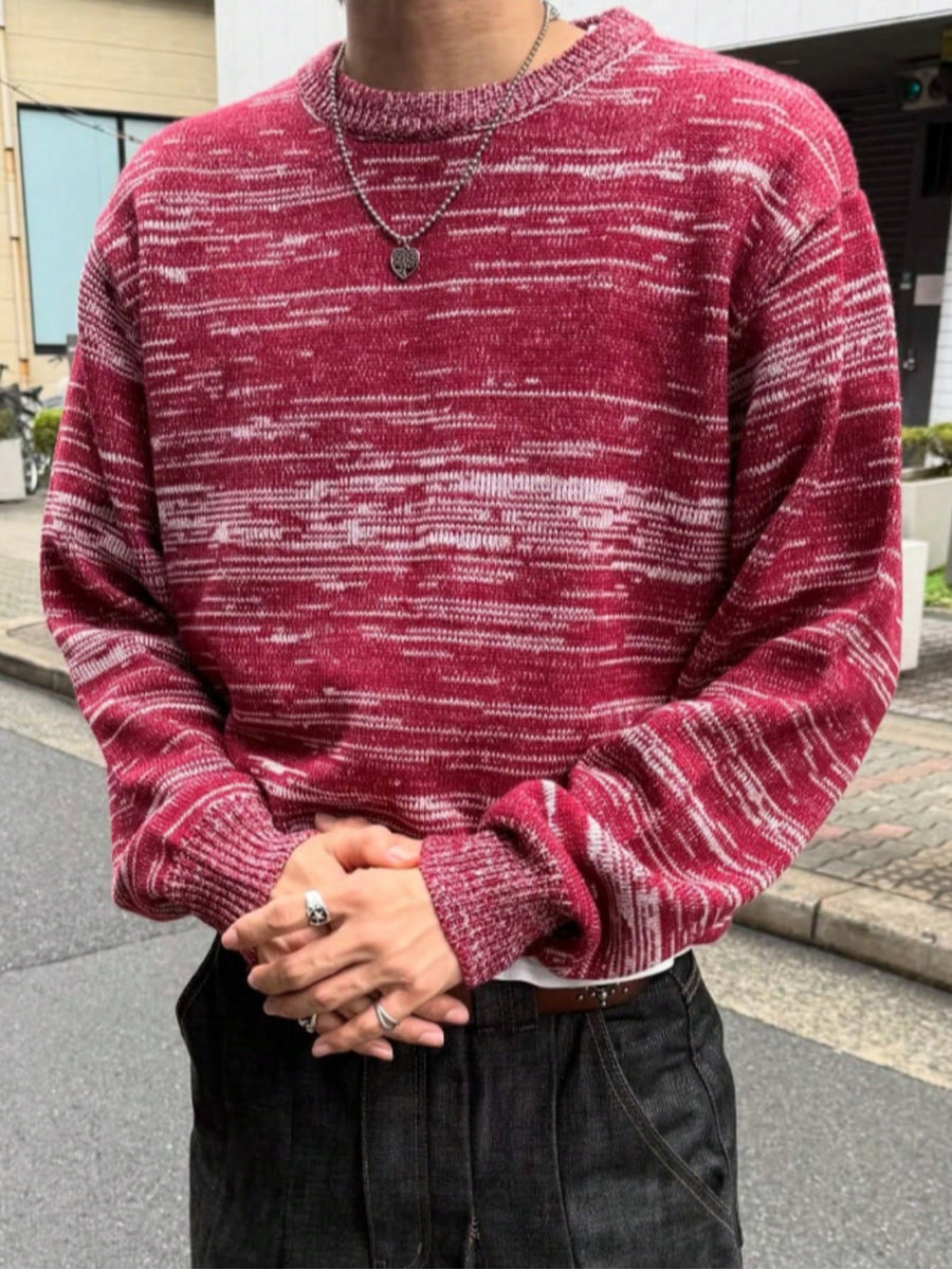 Men' & Women' Color-Block Knit Sweater - Soft Loose-Fit Crewneck Pullover with Mixed Yarn Base Layer Suitable for Layering or Outerwear, Hand Washable Winter Sweater for Casual Wear, Warm Blending - Red